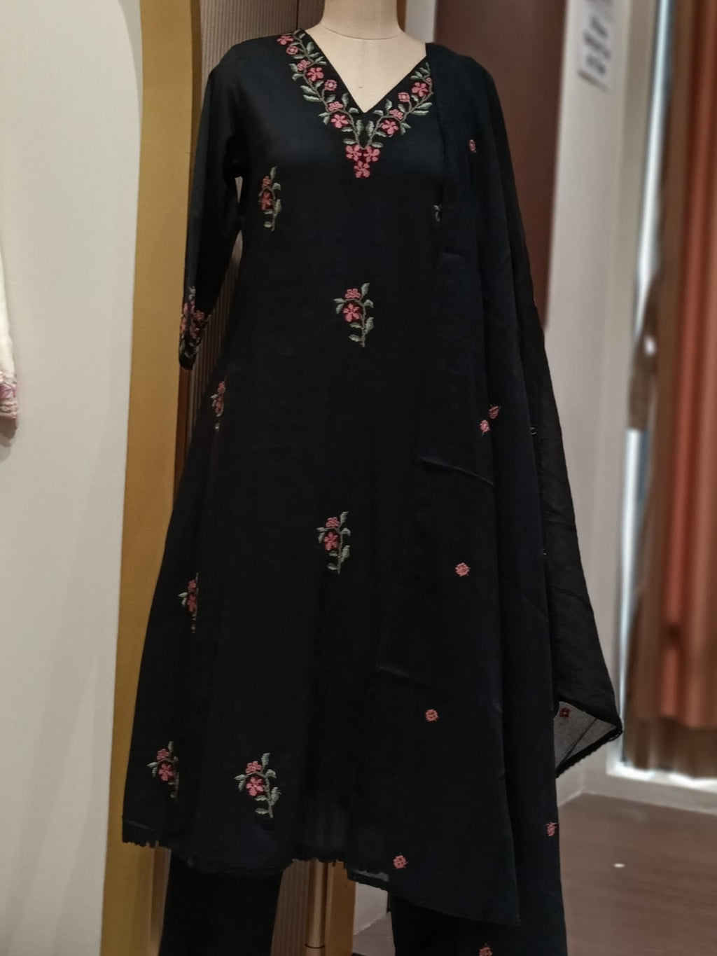 Floral Branch Cross Stitch Intricate Embroidery A-Line Cotton Full Suit Set With Dupatta - 15436