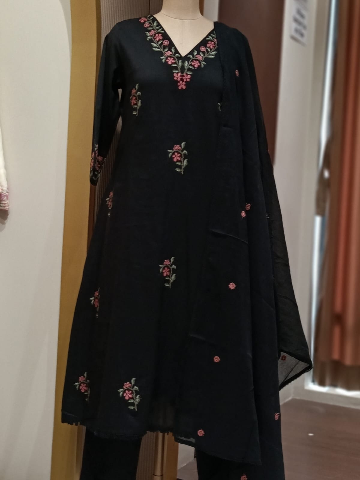 Floral Branch Cross Stitch Intricate Embroidery A-Line Cotton Full Suit Set With Dupatta - 15436