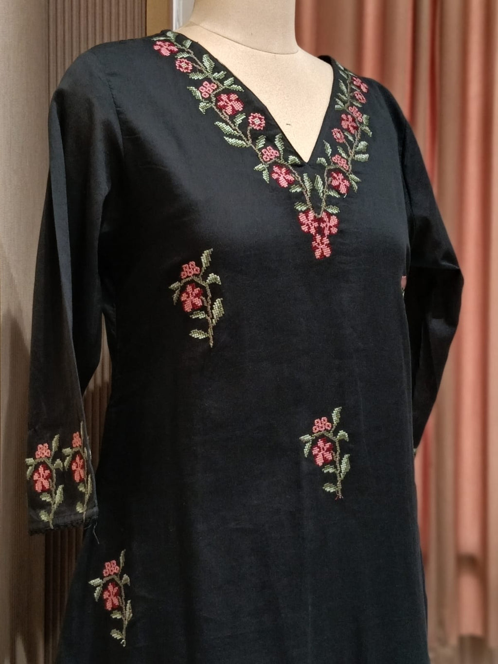 Floral Branch Cross Stitch Intricate Embroidery A-Line Cotton Full Suit Set With Dupatta - 15436