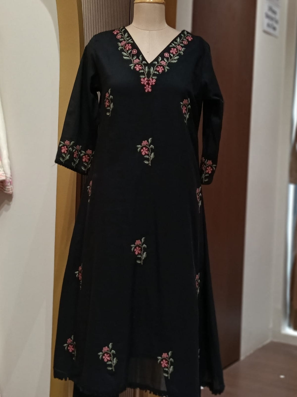 Floral Branch Cross Stitch Intricate Embroidery A-Line Cotton Full Suit Set With Dupatta - 15436