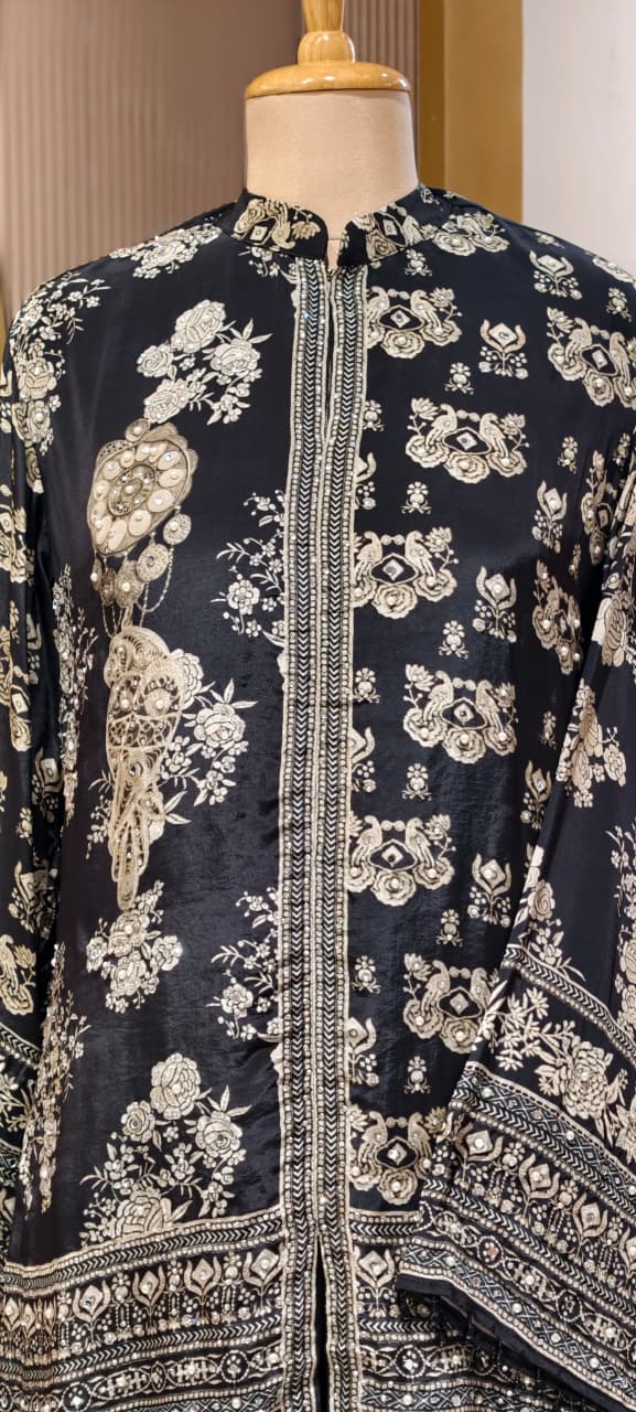 Premium Ethnic Traditional Print Intricate Detailing Kurta With Farsi Pants Set In Pure Crepe Fabric- 15409