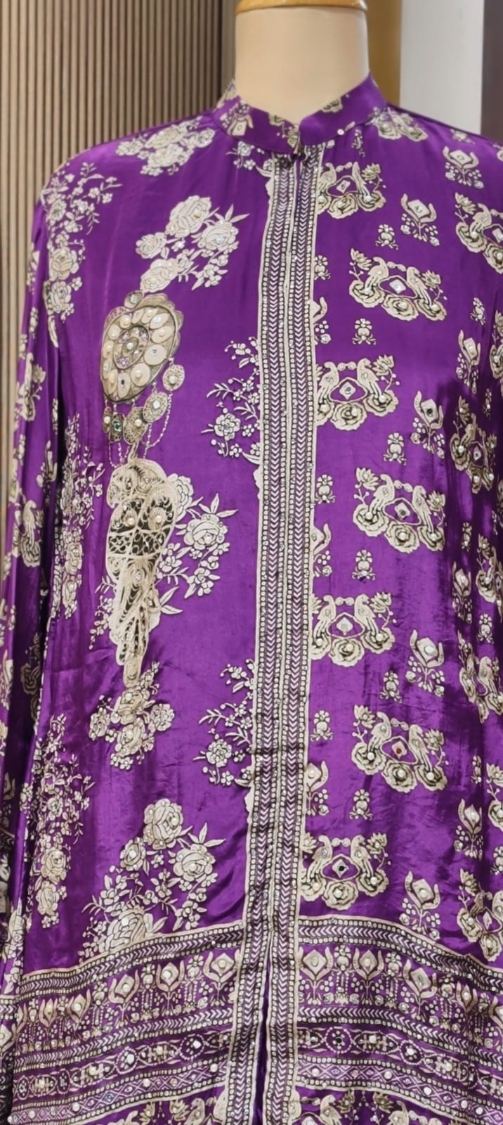 Premium Ethnic Traditional Print Intricate Detailing Kurta With Farsi Pants Set In Pure Crepe Fabric- 15409