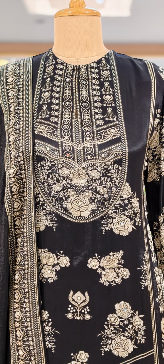 Intricate Floral Motifs and Ornate Border Contemporary Flair Long Length Full Suit Set- 15414