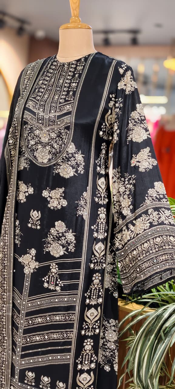 Intricate Floral Motifs and Ornate Border Contemporary Flair Long Length Full Suit Set- 15414