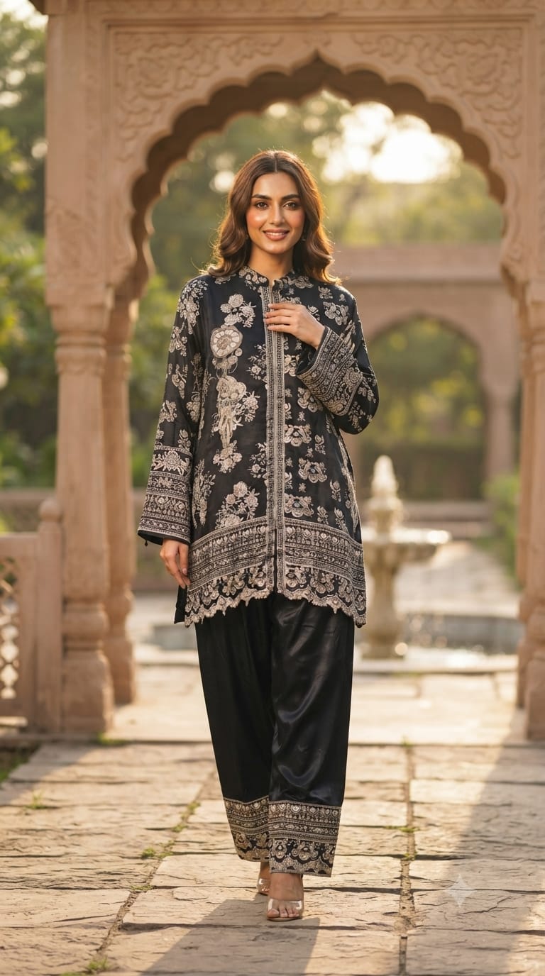 Premium Ethnic Traditional Print Intricate Detailing Kurta With Farsi Pants Set In Pure Crepe Fabric- 15409