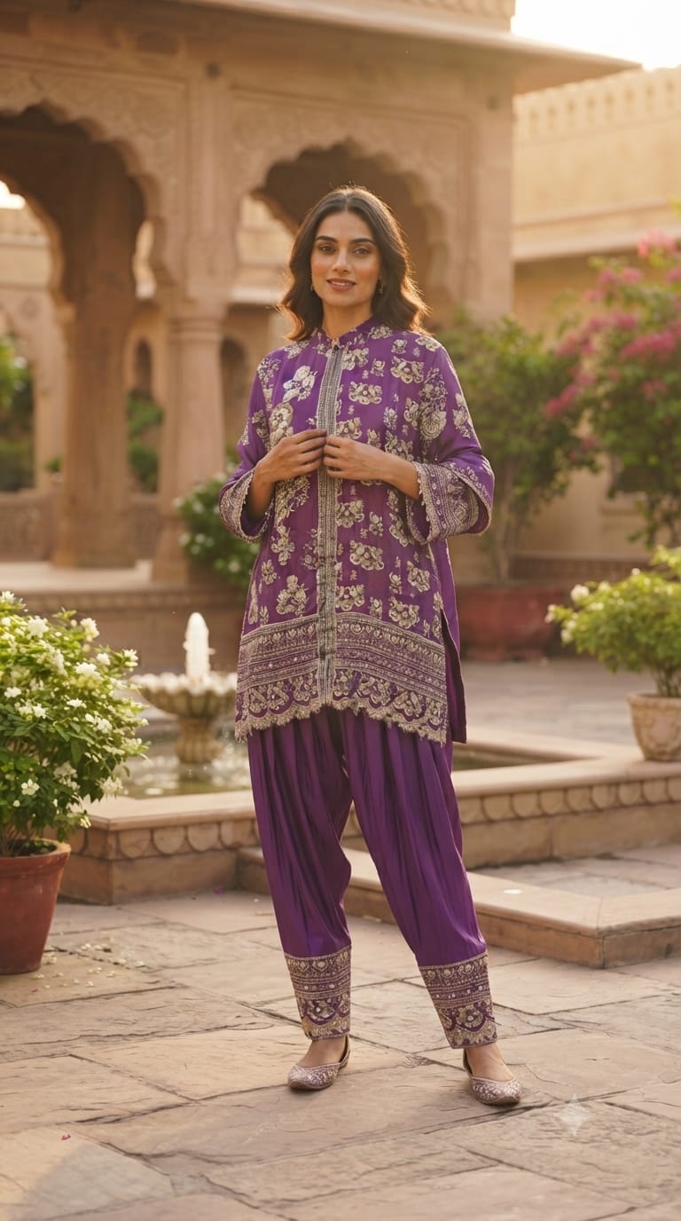 Premium Ethnic Traditional Print Intricate Detailing Kurta With Farsi Pants Set In Pure Crepe Fabric- 15409
