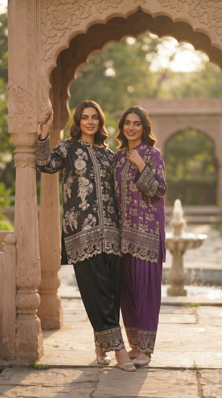 Premium Ethnic Traditional Print Intricate Detailing Kurta With Farsi Pants Set In Pure Crepe Fabric- 15409