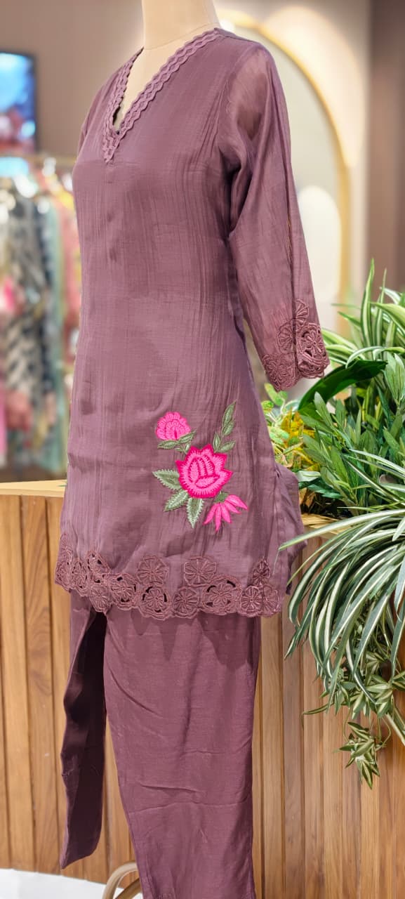 Weavy Crosia Neckline Beautiful Floral Embroidered Banarasi Mul-Chanderi Co-Ord Set- 15467