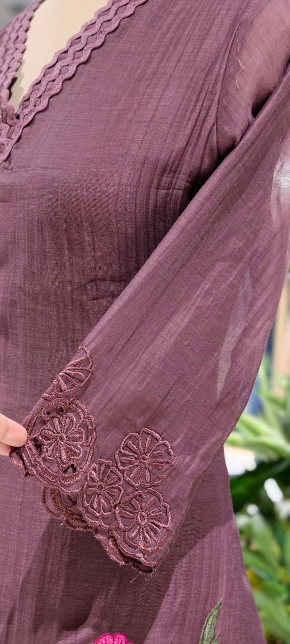 Weavy Crosia Neckline Beautiful Floral Embroidered Banarasi Mul-Chanderi Co-Ord Set- 15467