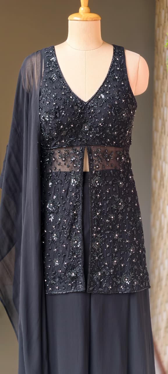 Premium Georgette Celestial Intricate Stones Cut-dana Embroidery Peplum Kurta WithFlared Palazzo Bottom & Tasseles Dupatta- 15007