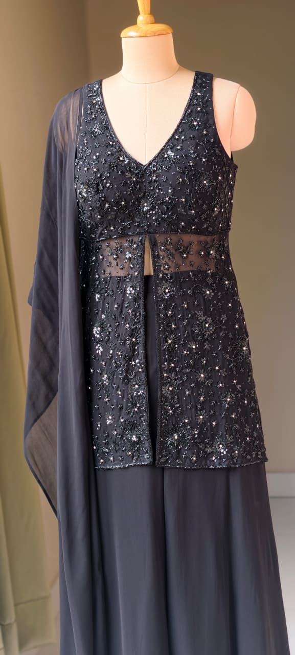 Premium Georgette Celestial Intricate Stones Cut-dana Embroidery Peplum Kurta WithFlared Palazzo Bottom & Tasseles Dupatta- 15007