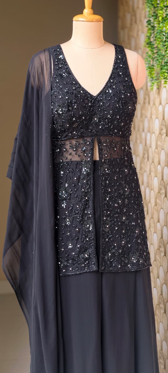 Premium Georgette Celestial Intricate Stones Cut-dana Embroidery Peplum Kurta WithFlared Palazzo Bottom & Tasseles Dupatta- 15007