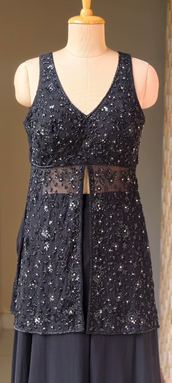 Premium Georgette Celestial Intricate Stones Cut-dana Embroidery Peplum Kurta WithFlared Palazzo Bottom & Tasseles Dupatta- 15007