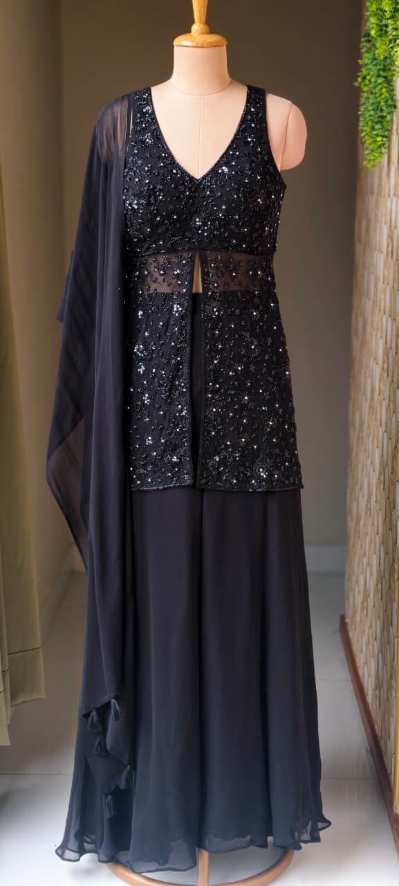 Premium Georgette Celestial Intricate Stones Cut-dana Embroidery Peplum Kurta WithFlared Palazzo Bottom & Tasseles Dupatta- 15007