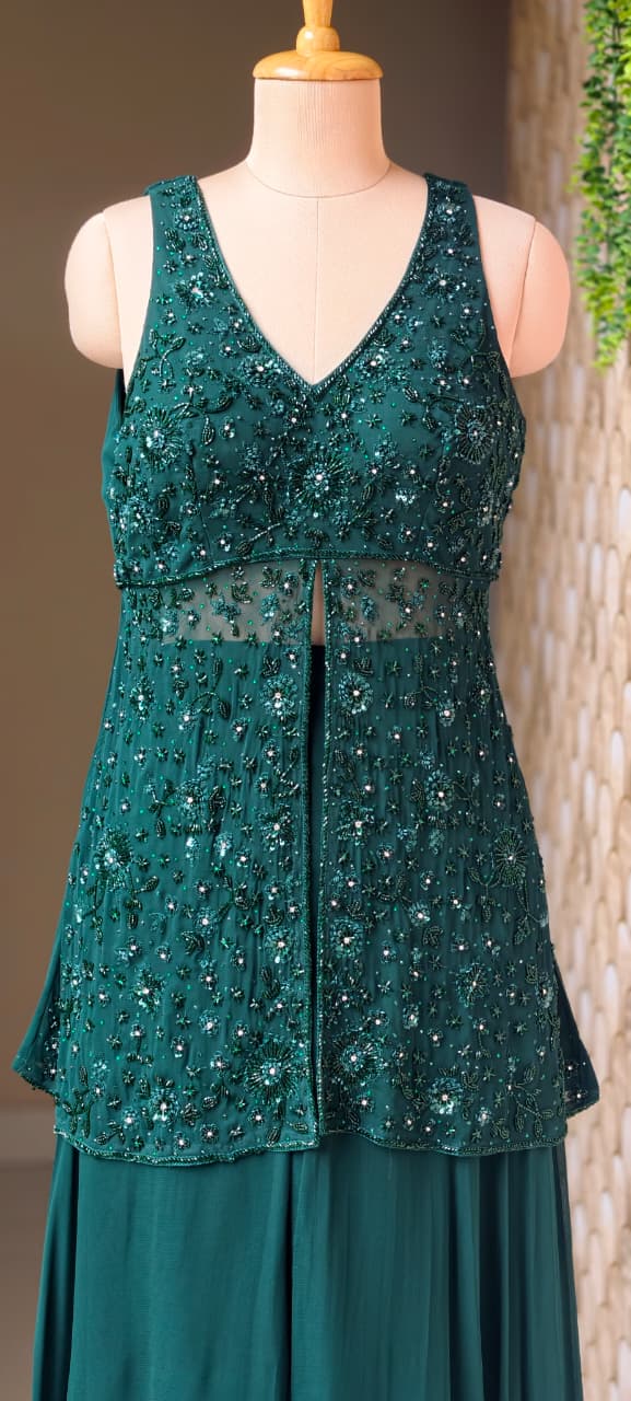 Premium Georgette Celestial Intricate Stones Cut-dana Embroidery Peplum Kurta WithFlared Palazzo Bottom & Tasseles Dupatta- 15007