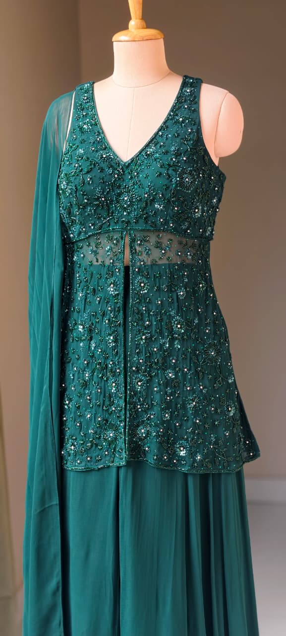 Premium Georgette Celestial Intricate Stones Cut-dana Embroidery Peplum Kurta WithFlared Palazzo Bottom & Tasseles Dupatta- 15007