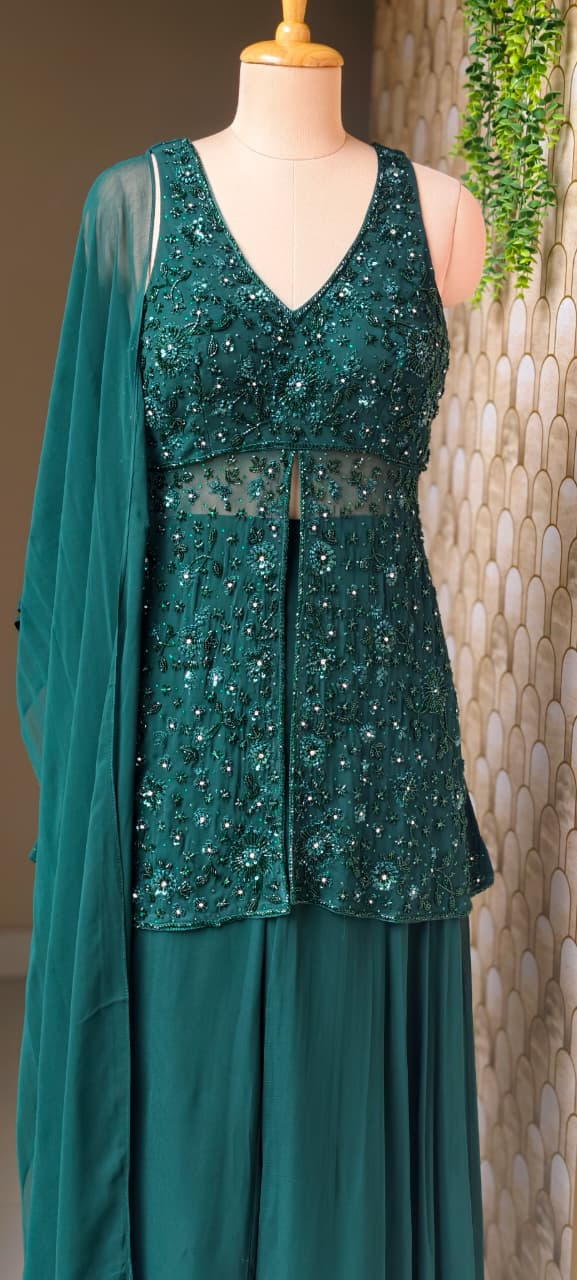 Premium Georgette Celestial Intricate Stones Cut-dana Embroidery Peplum Kurta WithFlared Palazzo Bottom & Tasseles Dupatta- 15007