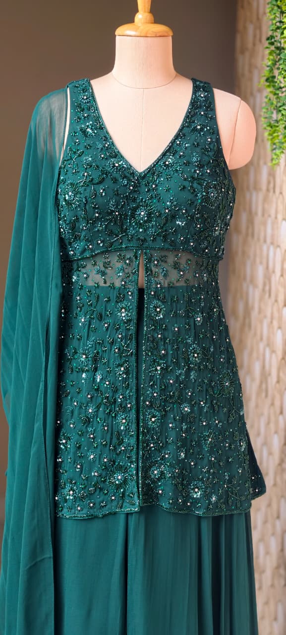 Premium Georgette Celestial Intricate Stones Cut-dana Embroidery Peplum Kurta WithFlared Palazzo Bottom & Tasseles Dupatta- 15007