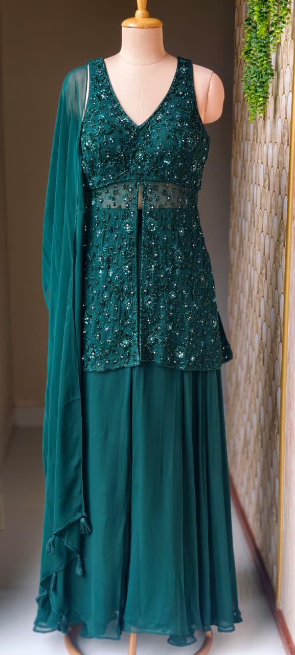 Premium Georgette Celestial Intricate Stones Cut-dana Embroidery Peplum Kurta WithFlared Palazzo Bottom & Tasseles Dupatta- 15007