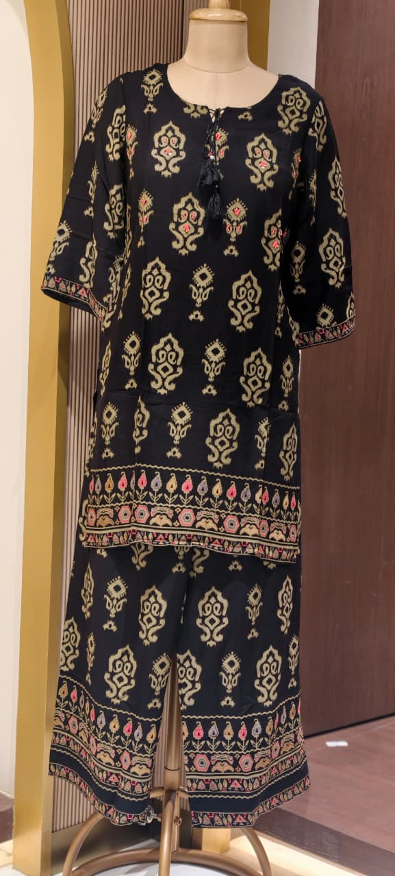 Mango Buti Inspired Block Prints Tassel Accent German Rayon Co-Ord Set- 15468