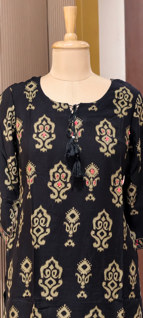 Mango Buti Inspired Block Prints Tassel Accent German Rayon Co-Ord Set- 15468