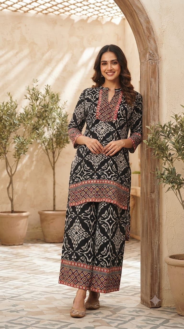 Illusional Floral Block Prints Abstract Yoke Cotton Co-Ord Set- 15471