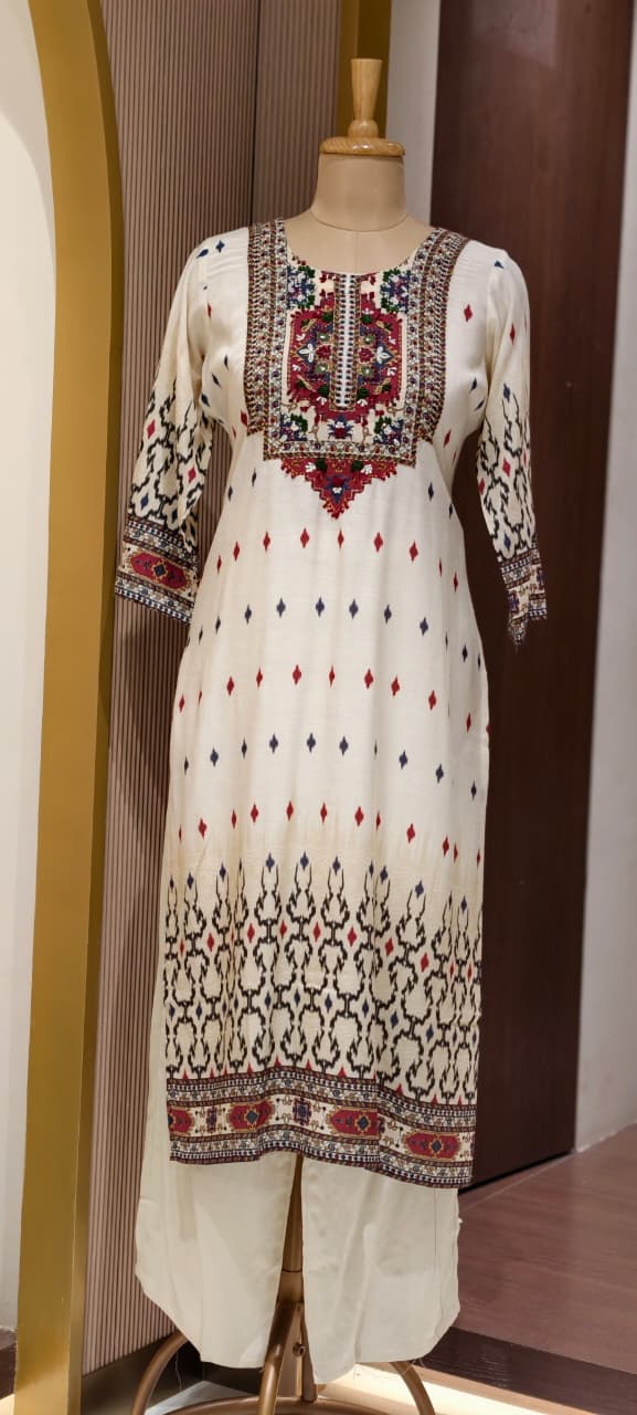Multicolor Thread Embroidery Yoke Highlight Prints Slub Linen Full Suit Set With Dupatta- 15470