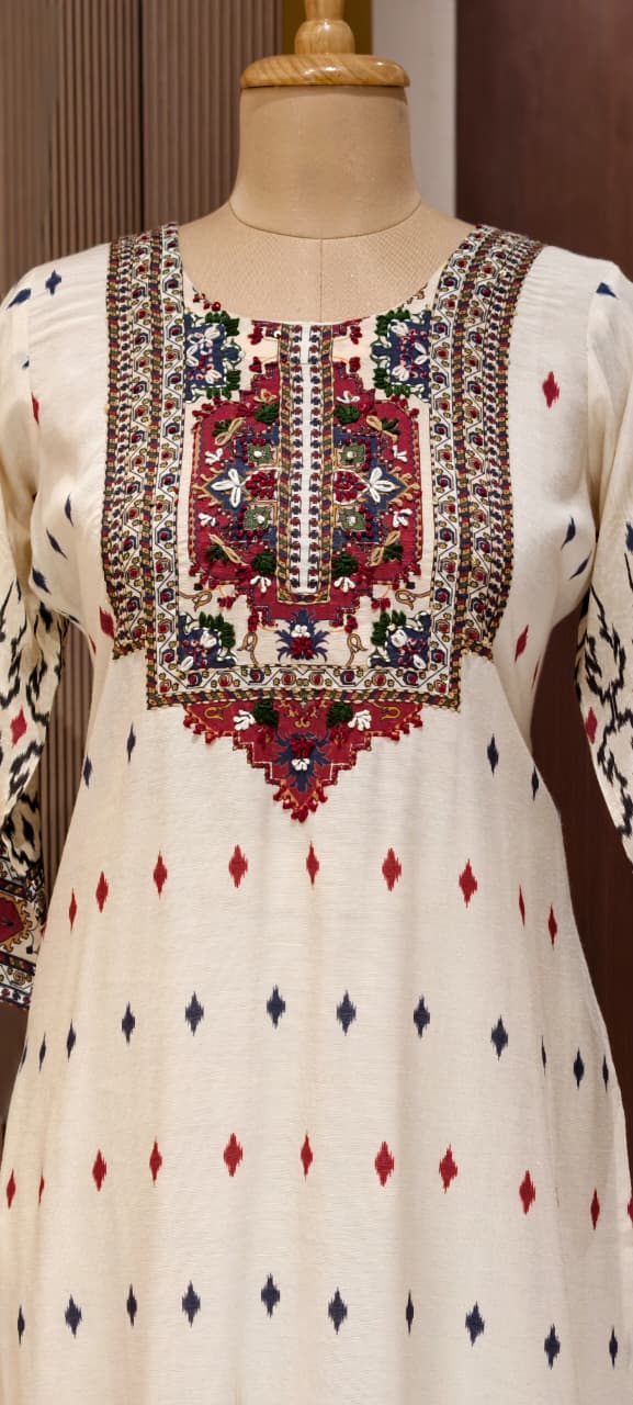 Multicolor Thread Embroidery Yoke Highlight Prints Slub Linen Full Suit Set With Dupatta- 15470