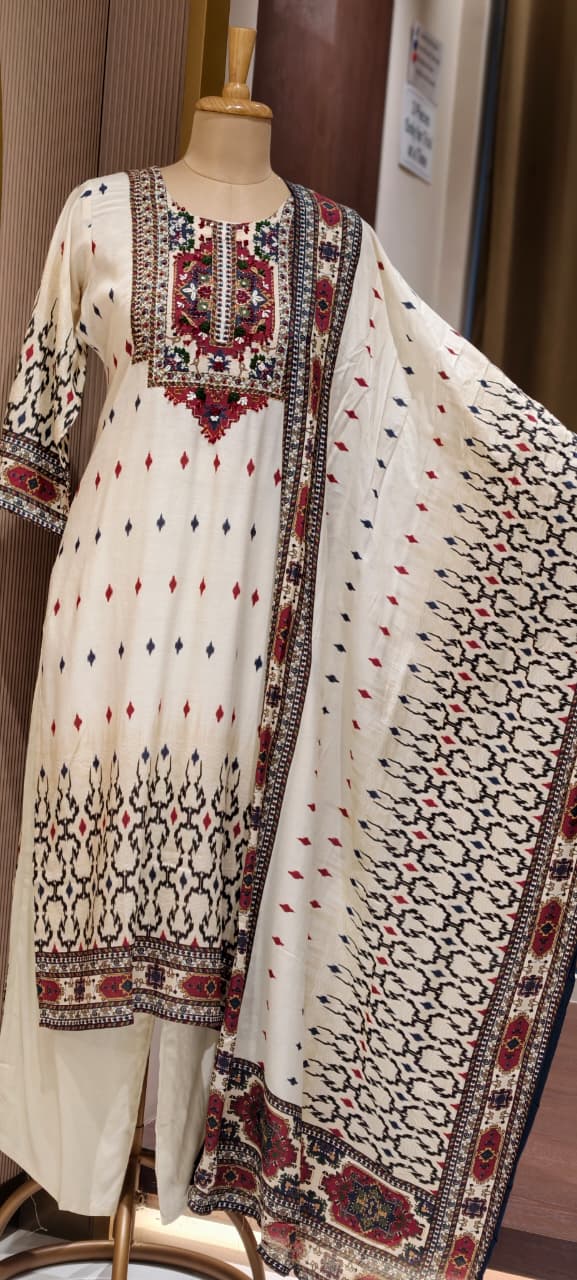 Multicolor Thread Embroidery Yoke Highlight Prints Slub Linen Full Suit Set With Dupatta- 15470