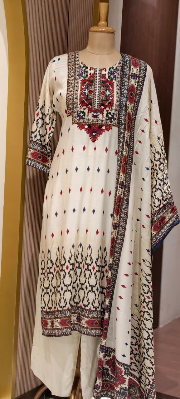 Multicolor Thread Embroidery Yoke Highlight Prints Slub Linen Full Suit Set With Dupatta- 15470