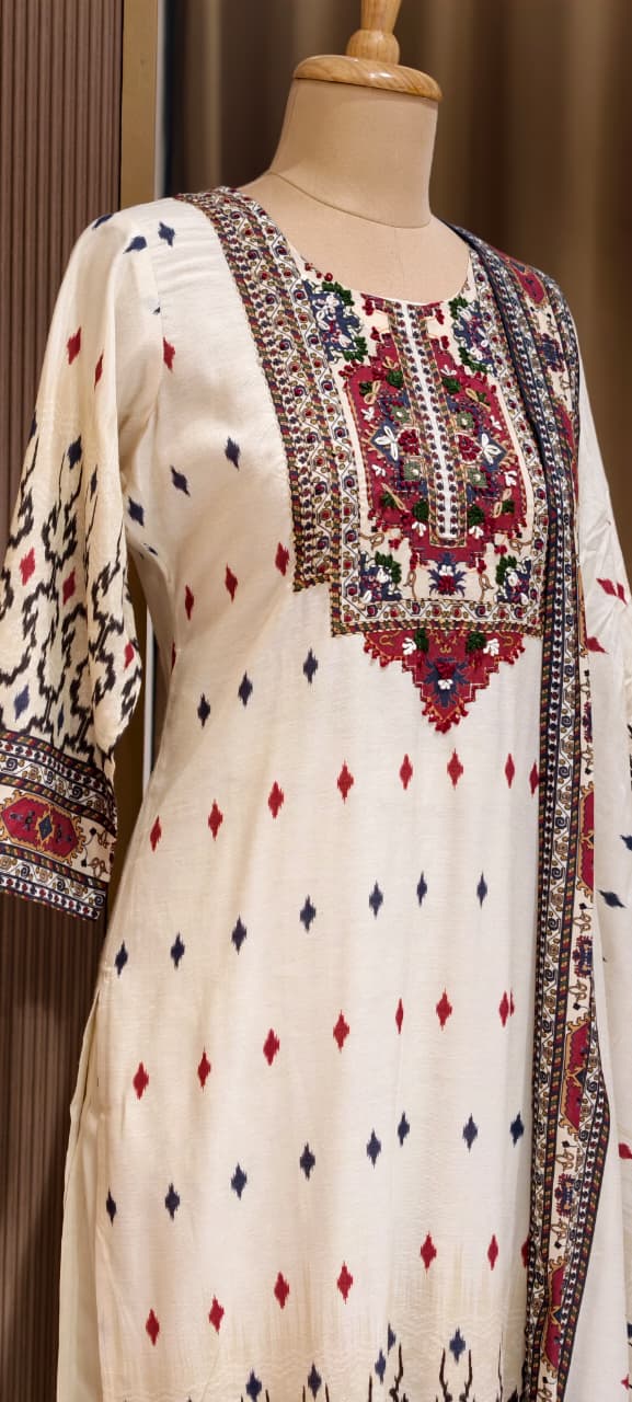 Multicolor Thread Embroidery Yoke Highlight Prints Slub Linen Full Suit Set With Dupatta- 15470