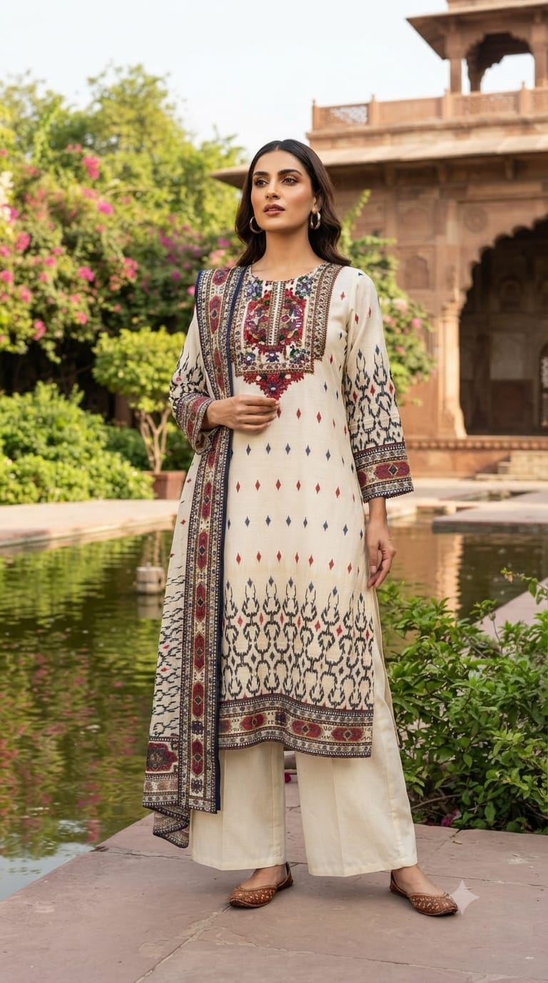 Multicolor Thread Embroidery Yoke Highlight Prints Slub Linen Full Suit Set With Dupatta- 15470