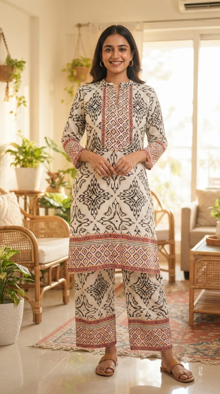 Illusional Floral Block Prints Abstract Yoke Cotton Co-Ord Set- 15471