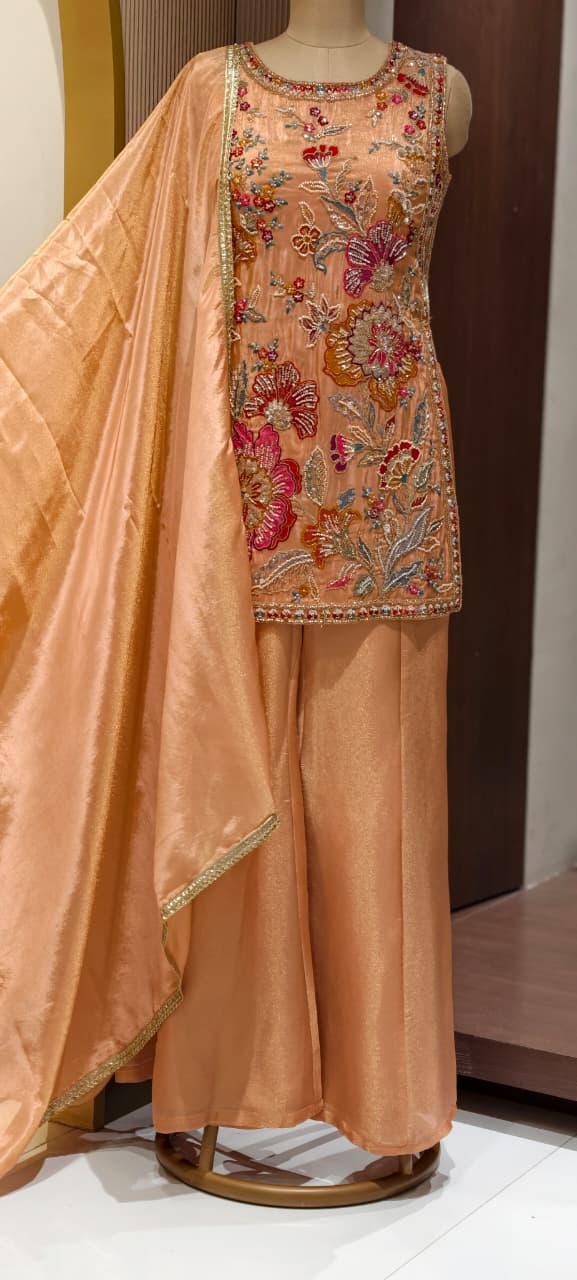 Floral Bloom Pastel Hand-Embroidered Sleeveless Short Kurti with Palazzo & Sheer Dupatta Set In Tissue Fabric- 15308