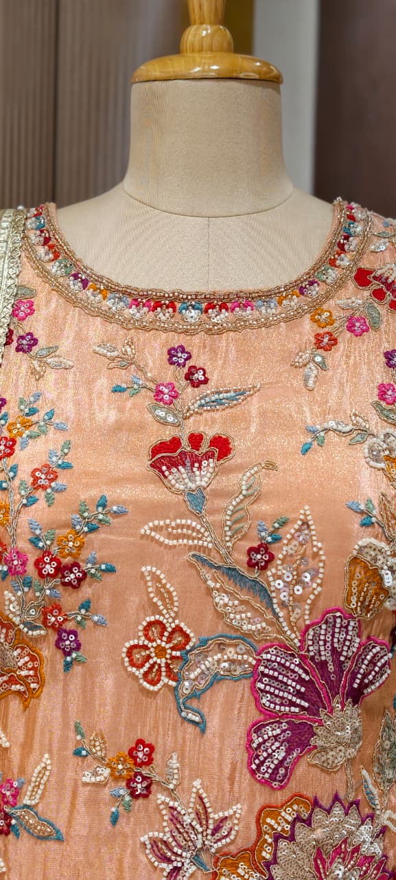 Floral Bloom Pastel Hand-Embroidered Sleeveless Short Kurti with Palazzo & Sheer Dupatta Set In Tissue Fabric- 15308