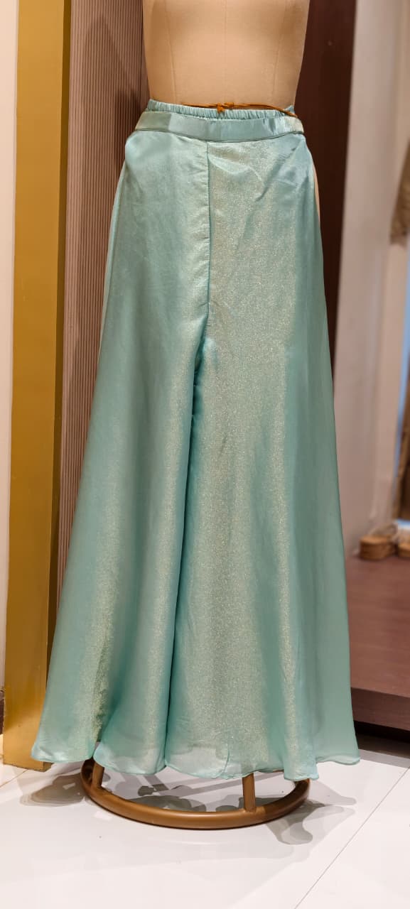 Floral Bloom Pastel Hand-Embroidered Sleeveless Short Kurti with Palazzo & Sheer Dupatta Set In Tissue Fabric- 15308