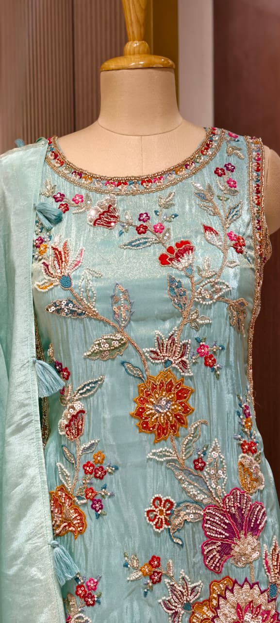Floral Bloom Pastel Hand-Embroidered Sleeveless Short Kurti with Palazzo & Sheer Dupatta Set In Tissue Fabric- 15308