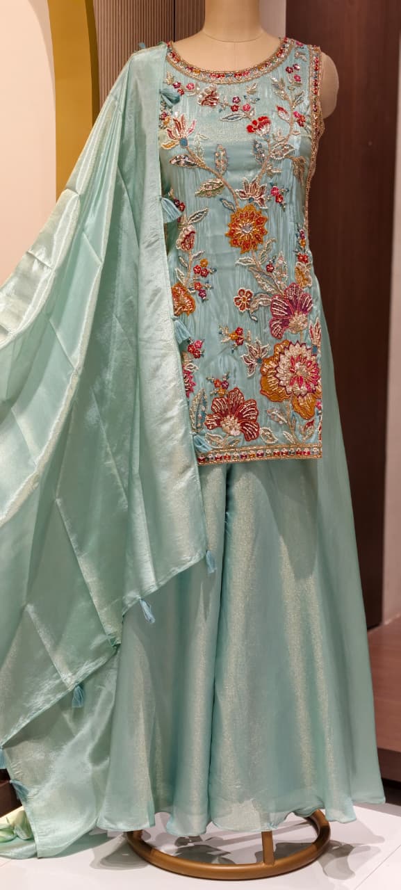 Floral Bloom Pastel Hand-Embroidered Sleeveless Short Kurti with Palazzo & Sheer Dupatta Set In Tissue Fabric- 15308