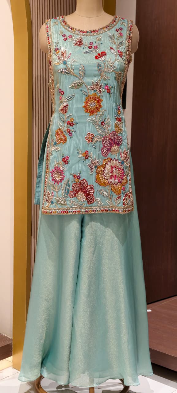 Floral Bloom Pastel Hand-Embroidered Sleeveless Short Kurti with Palazzo & Sheer Dupatta Set In Tissue Fabric- 15308