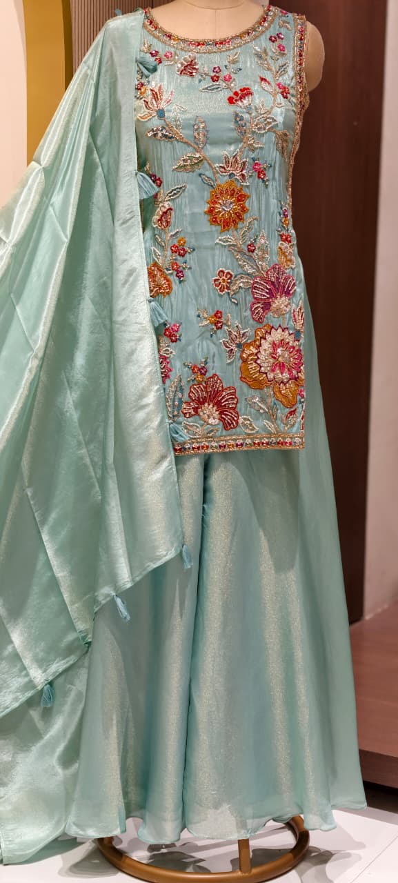 Floral Bloom Pastel Hand-Embroidered Sleeveless Short Kurti with Palazzo & Sheer Dupatta Set In Tissue Fabric- 15308