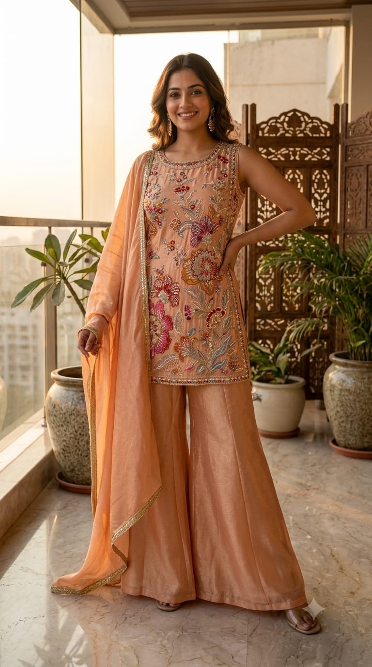 Floral Bloom Pastel Hand-Embroidered Sleeveless Short Kurti with Palazzo & Sheer Dupatta Set In Tissue Fabric- 15308