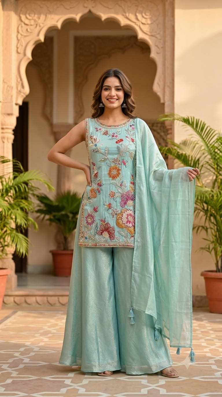 Floral Bloom Pastel Hand-Embroidered Sleeveless Short Kurti with Palazzo & Sheer Dupatta Set In Tissue Fabric- 15308