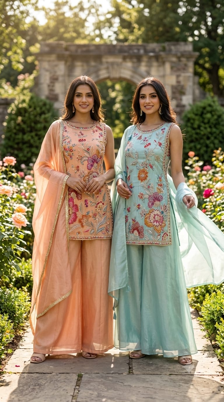 Floral Bloom Pastel Hand-Embroidered Sleeveless Short Kurti with Palazzo & Sheer Dupatta Set In Tissue Fabric- 15308
