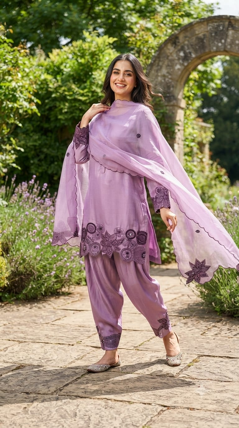 Organza Satin Elegant Pastel Embroidered Punjabi Full Suit Set With Dupatta- 13813