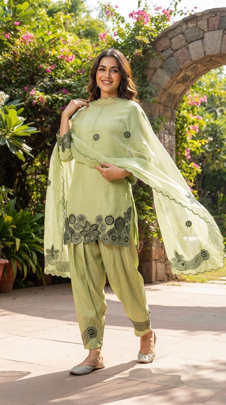 Organza Satin Elegant Pastel Embroidered Punjabi Full Suit Set With Dupatta- 13813
