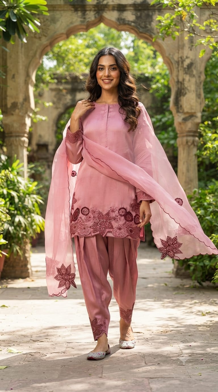 Organza Satin Elegant Pastel Embroidered Punjabi Full Suit Set With Dupatta- 13813