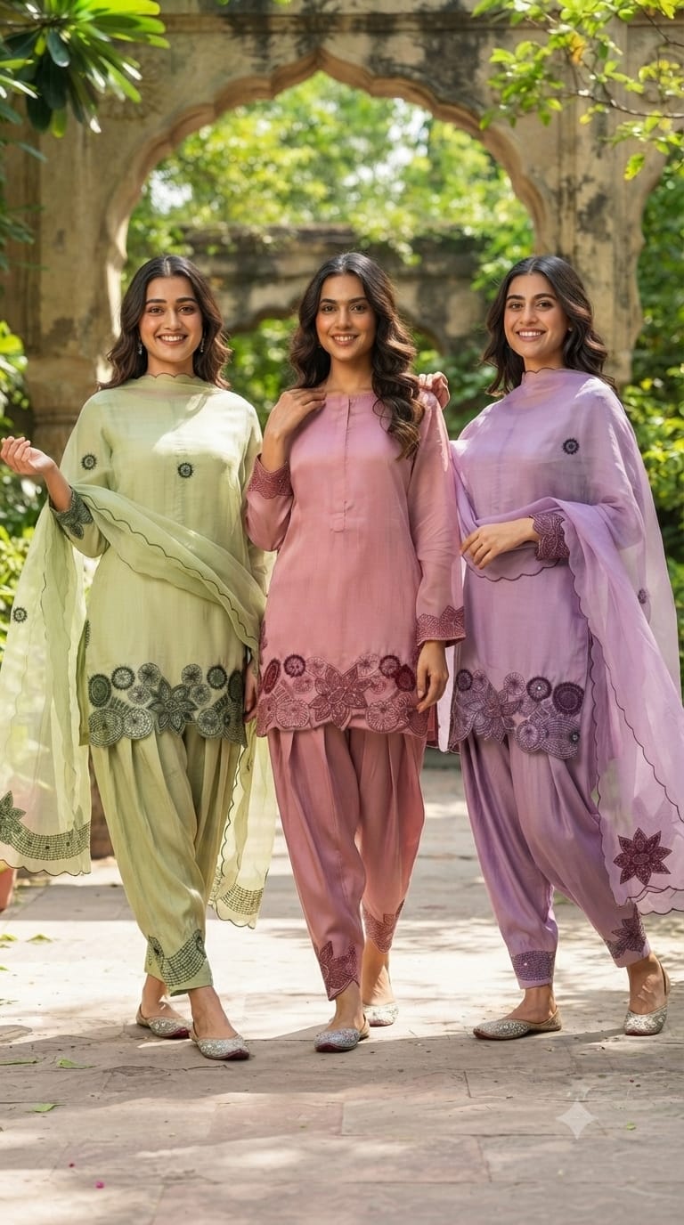 Organza Satin Elegant Pastel Embroidered Punjabi Full Suit Set With Dupatta- 13813