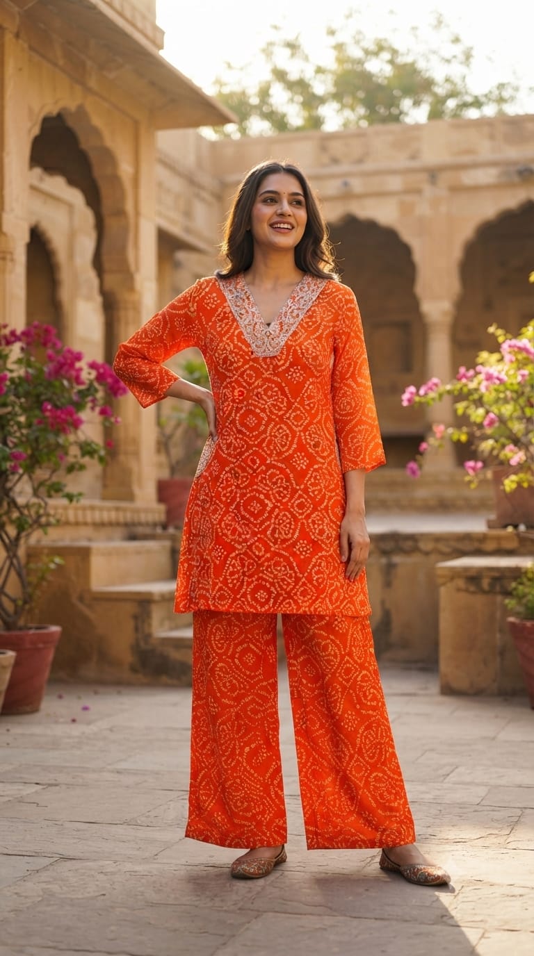 Machine Work Embroidered V-Neck Premium Bandhani Print Georgette Kurta Pant Set with Pockets-15481