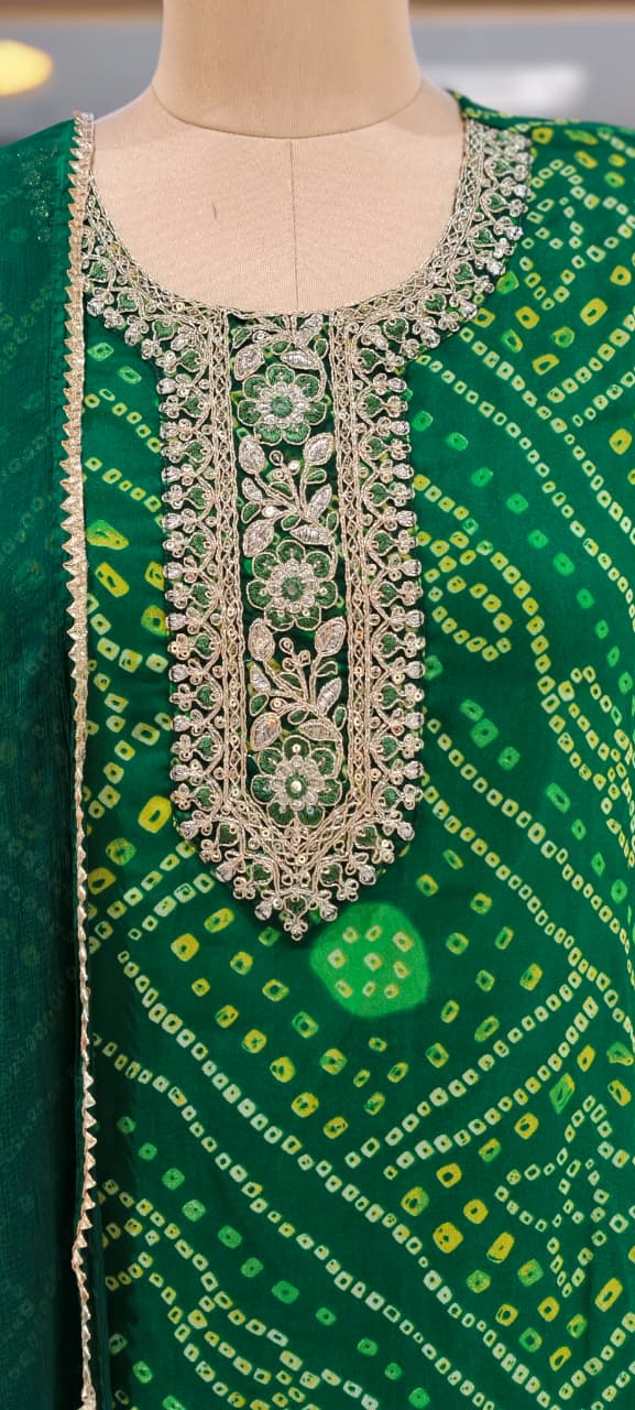 Georgette Bandhani Print Embroidered Full Suit Set with Dupatta And Bottom- 15482