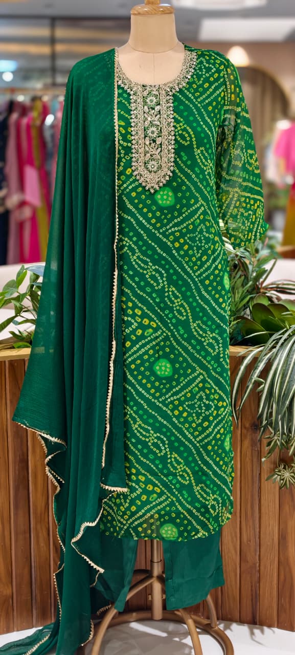 Georgette Bandhani Print Embroidered Full Suit Set with Dupatta And Bottom- 15482